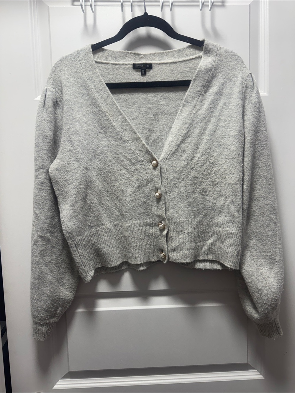 Dynamite Light Gray Cropped V-Neck Cardigan with Pearl Buttons